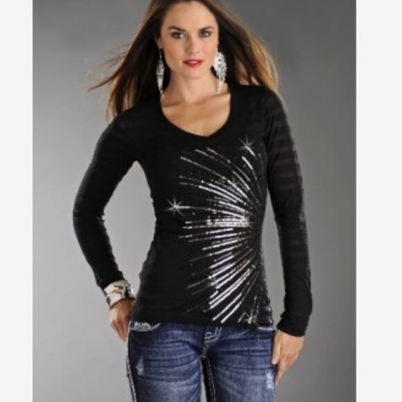 Rock & Roll Cowgirl brand Womens Panhandle Slim Sequin Semi Sheer Concert Tee M - Picture 2 of 7